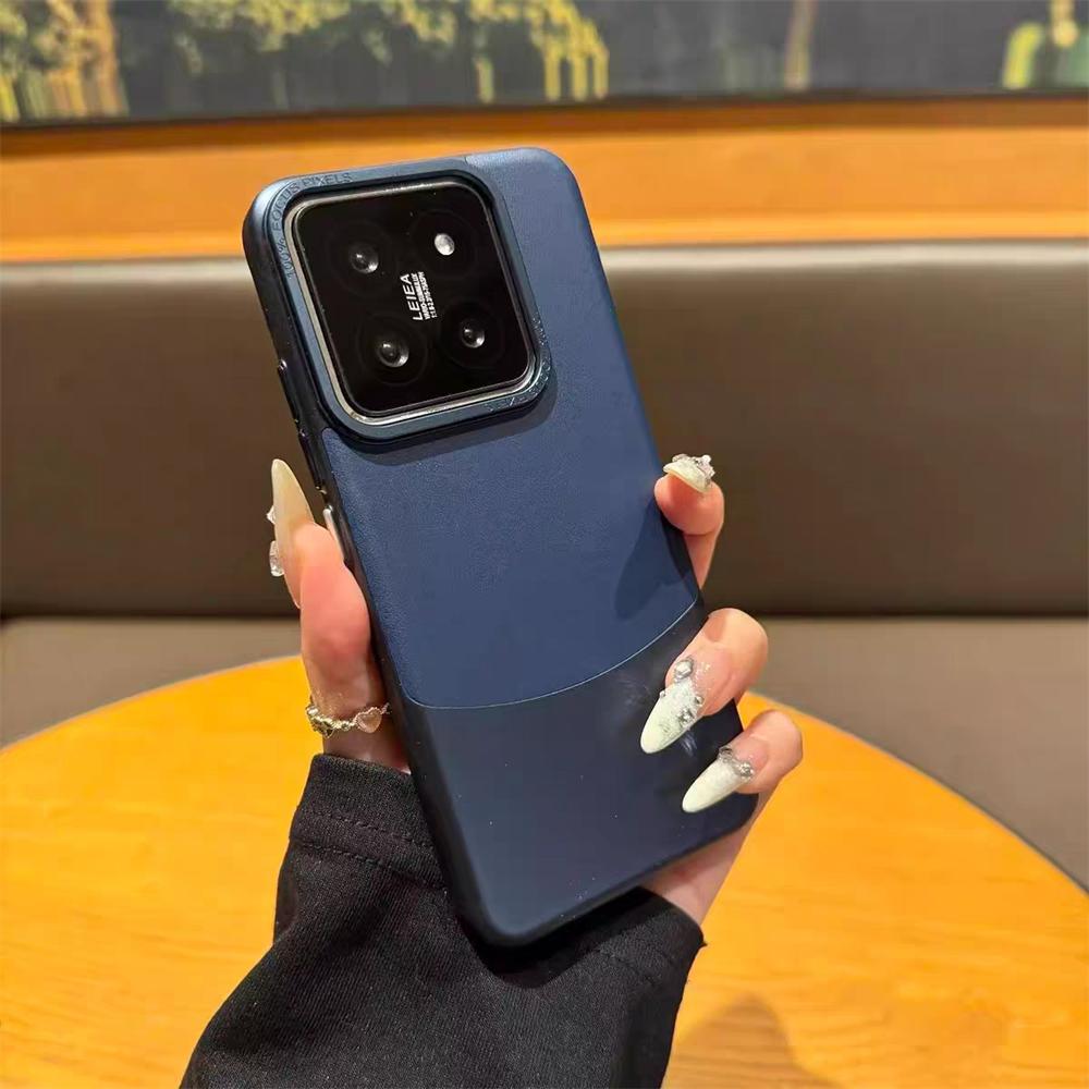 Luxury Double Color Plain Leather Matte Phone Case for Xiaomi 15 14 13 Pro Metal Lens Protection Splice Hybrid Shockproof Cover