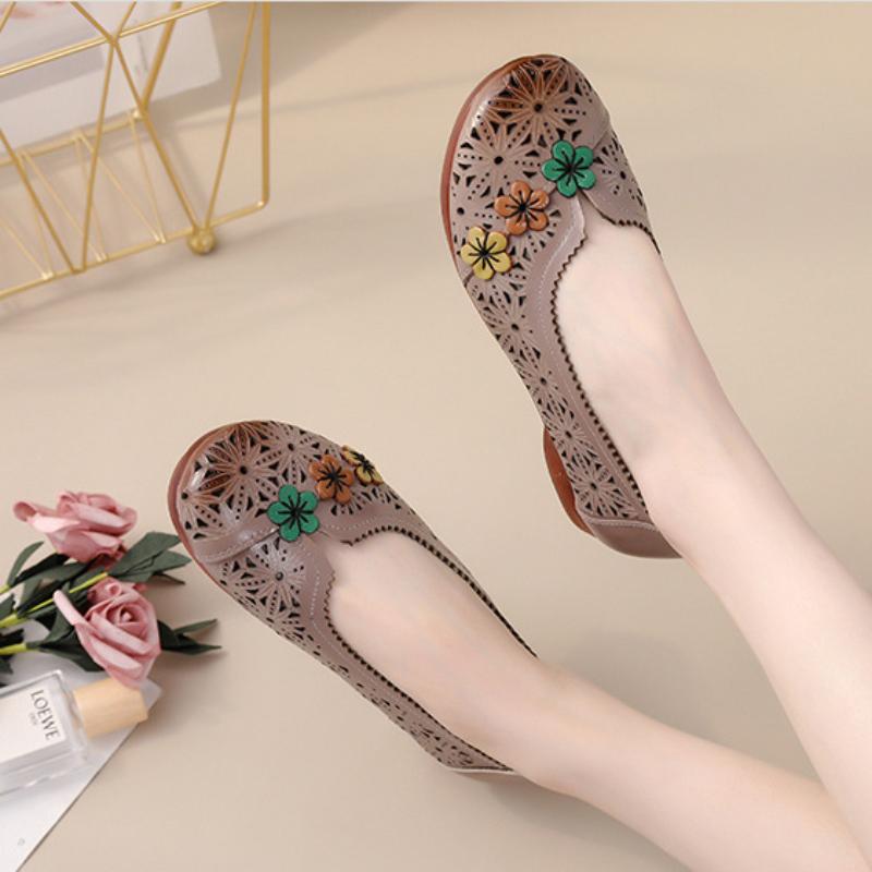Johnature Versatile Flat Sandals Ethnic Style Genuine Leather Soft Sole Hollow Breathable Women's Shoes