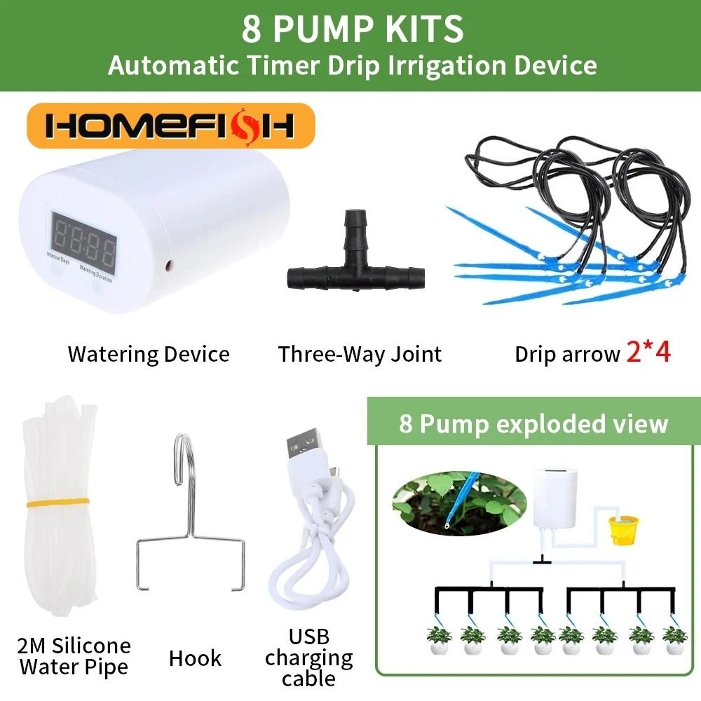HOMEFISH Automatisk Växt-Blombevattningspump Hem Sprinkler Droppbevattningsenhet 4/8/16 Huvuden Timer System Kit Trädgårdsverktyg