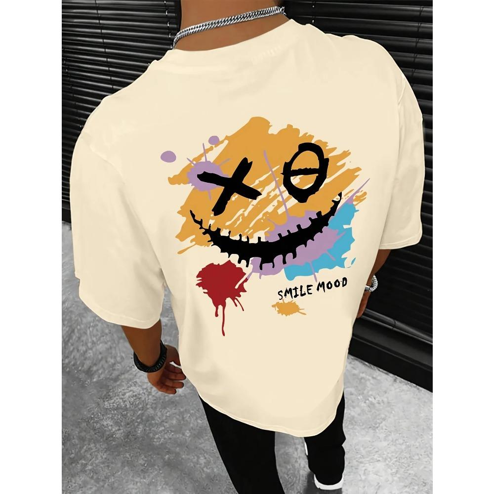 Lässiges Rundhals-Kurzarm-Top mit leichtem Stretch, Sommer-Strick-T-Shirt mit Smile-Stimmungsdruck für lässige Wochenendkleidung