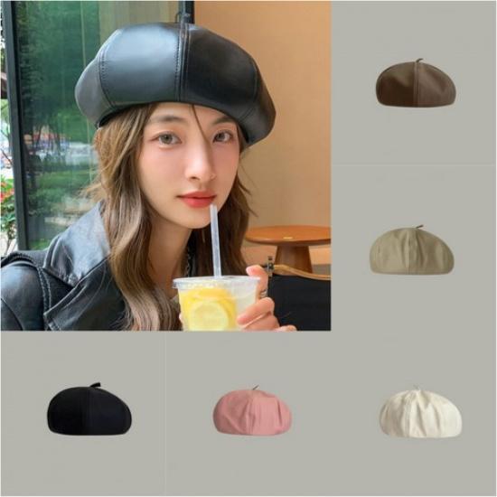 Ladies Casual Beret Beanie Hat Cap Retro Newsboy Faux Leather French Style Hat