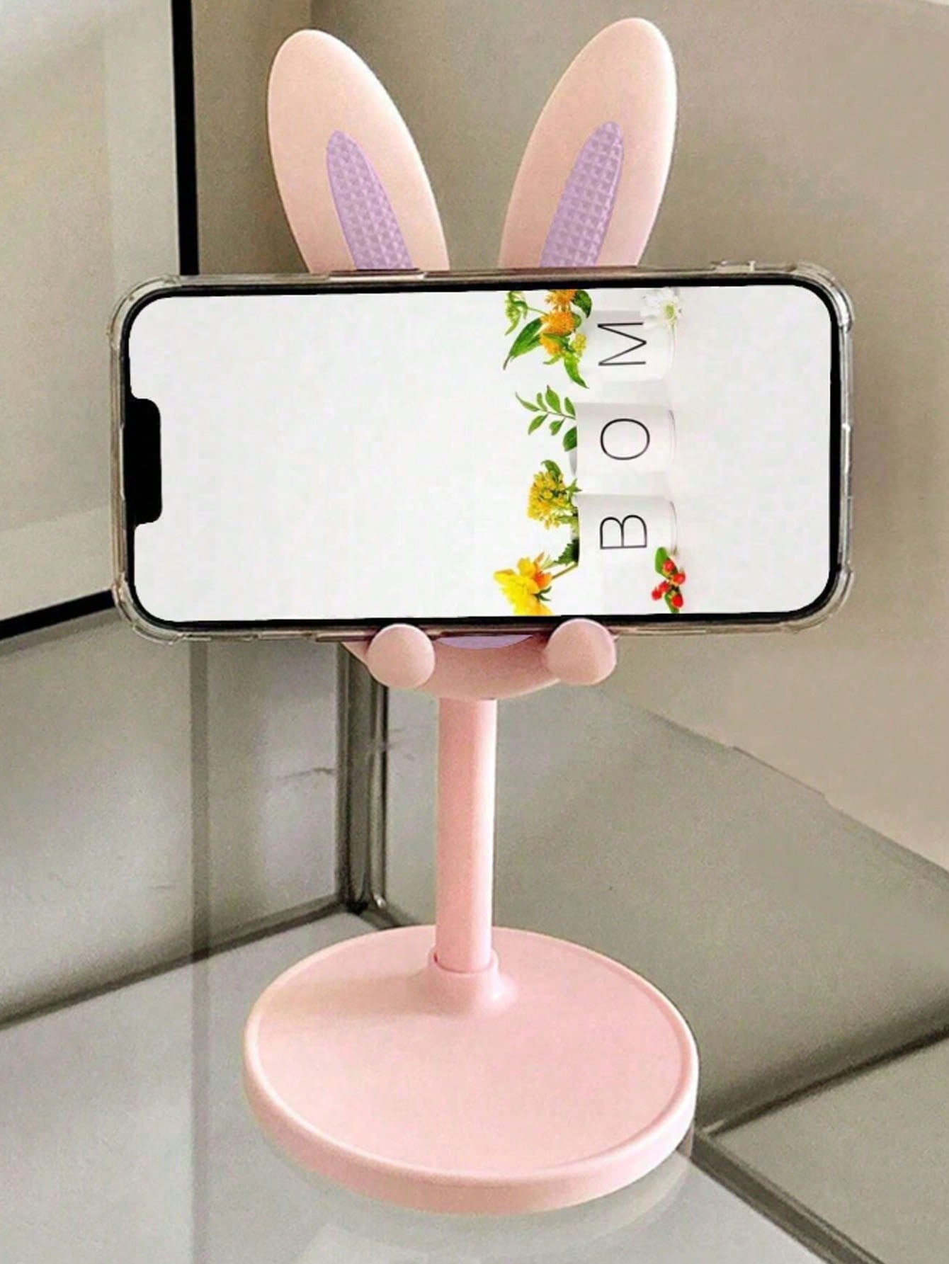 Cute rabbit foldable desktop stand, adjustable for phone & iPad, cartoon portable holder Pink/1PC