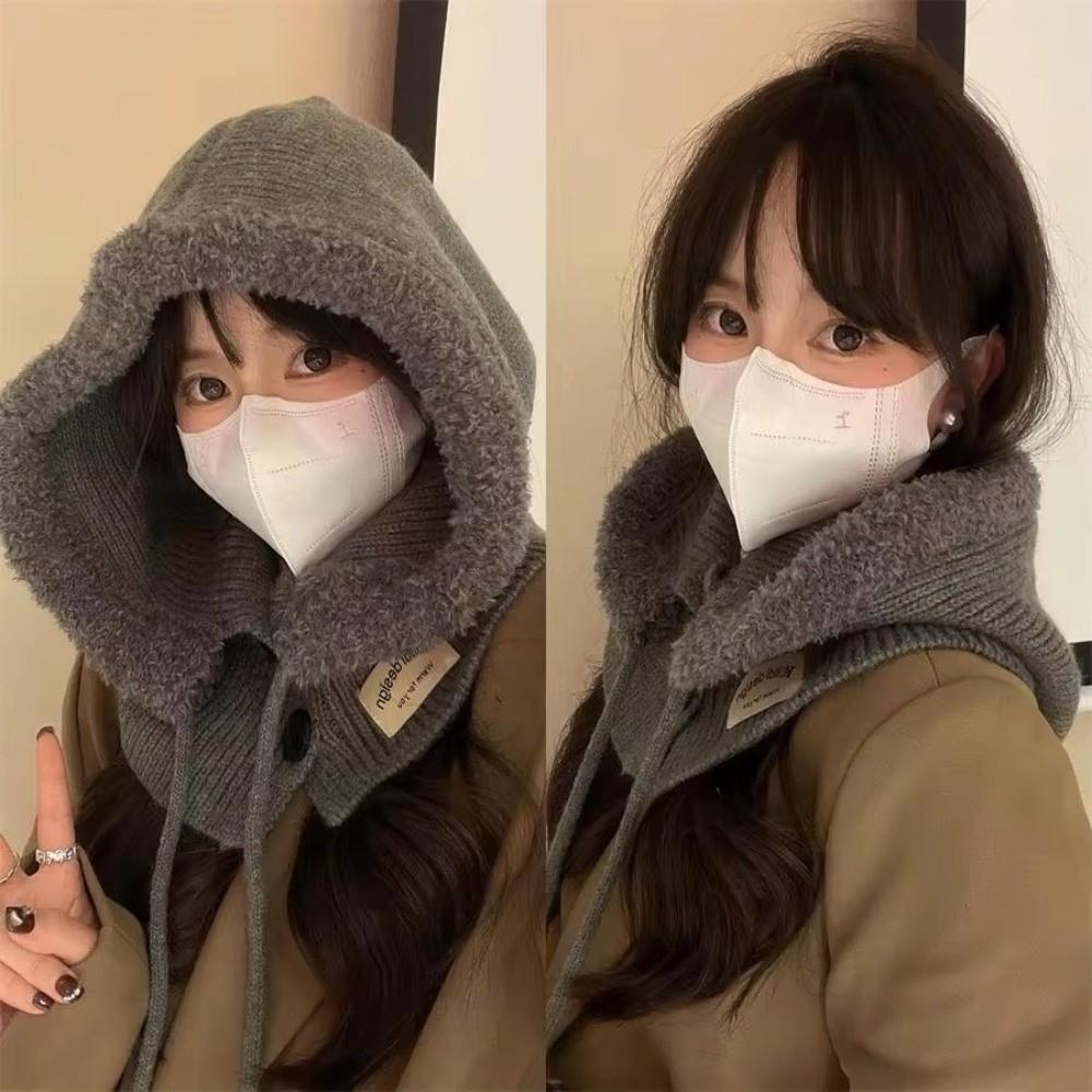 Plush Knitted Hat Neck Protection Lace-up Hat New Hood Scarf  Autumn Winter