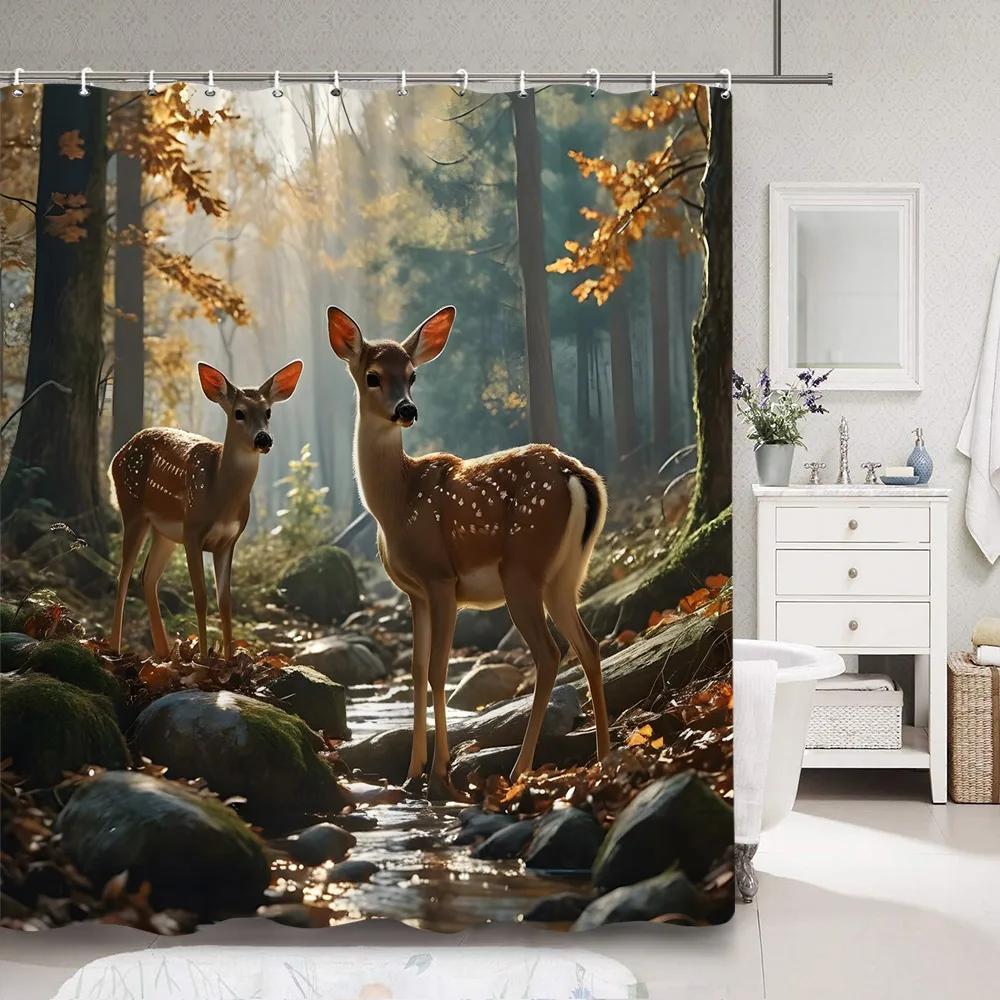 Hirsch Duschvorhang Tiefer Wald Herbst Natur Landschaft Tier Erntedank Polyester Duschvorhänge Badezimmerdeko mit Haken
