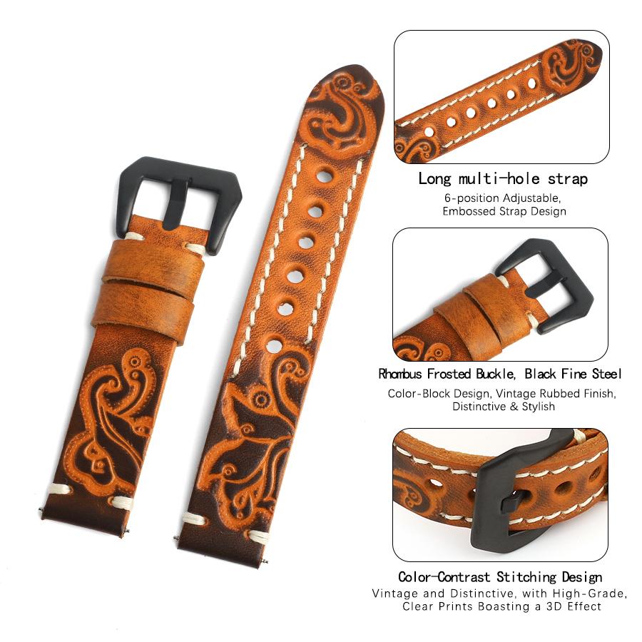 Vintage Carved Embossed Genuine Leather Watch Strap 20mm 22mm 24mm Handmade Stitched Watch Band Black Buckle for Watch Accessory