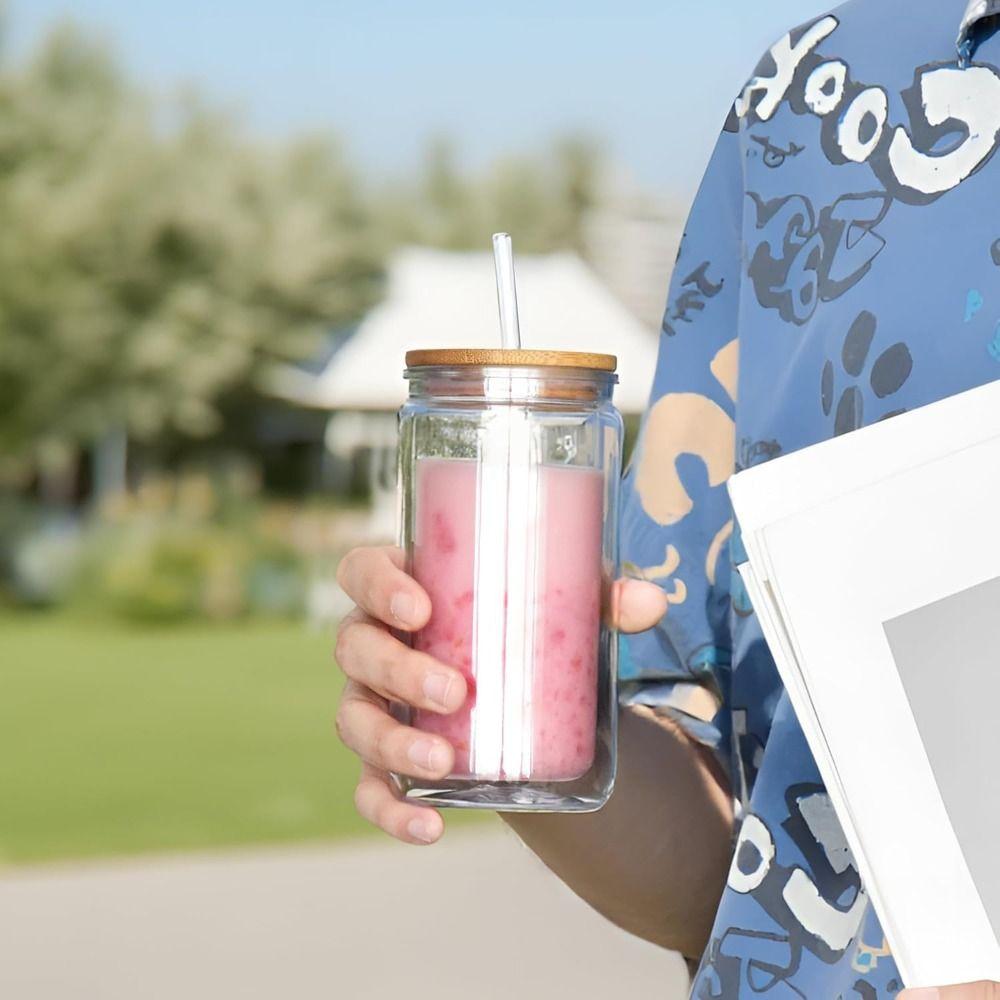 NEW Bamboo Lids Mason Jar Cups 16oz(450ml) Capacity Break-Resistant Drinking Tumbler Double Layers Water Bottles Wedding Party