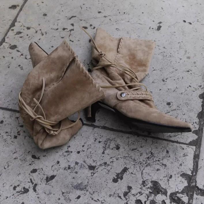 Sheepskin version~ Nomadic niche suede small square head high heel western cowboy boots women's pleated thin boots medium boots