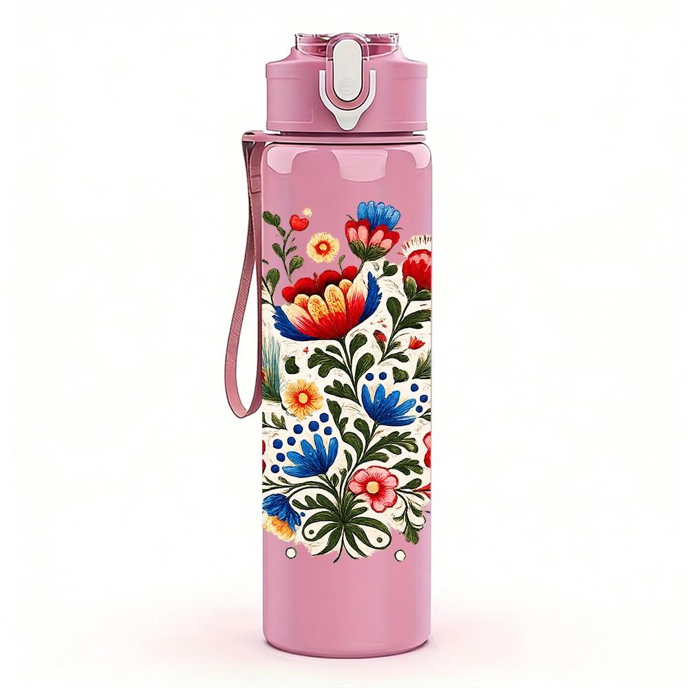 1PC Colorful Folk Floral Bouquet Print 750ml Color Plastic Sports Water Bottle Leakproof Flip Straw Lid Suitable for Sports Office Home Use