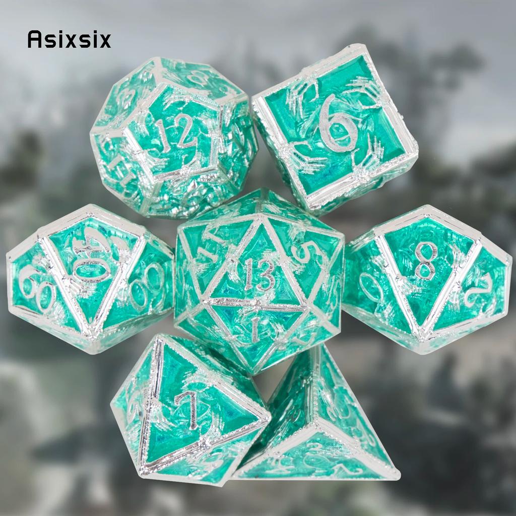 7 Pcs Silver Green Hand Metal Dice Solid Metal Polyhedral Dice Set Suitable for Role-Playing RPG  Board Game Card Game