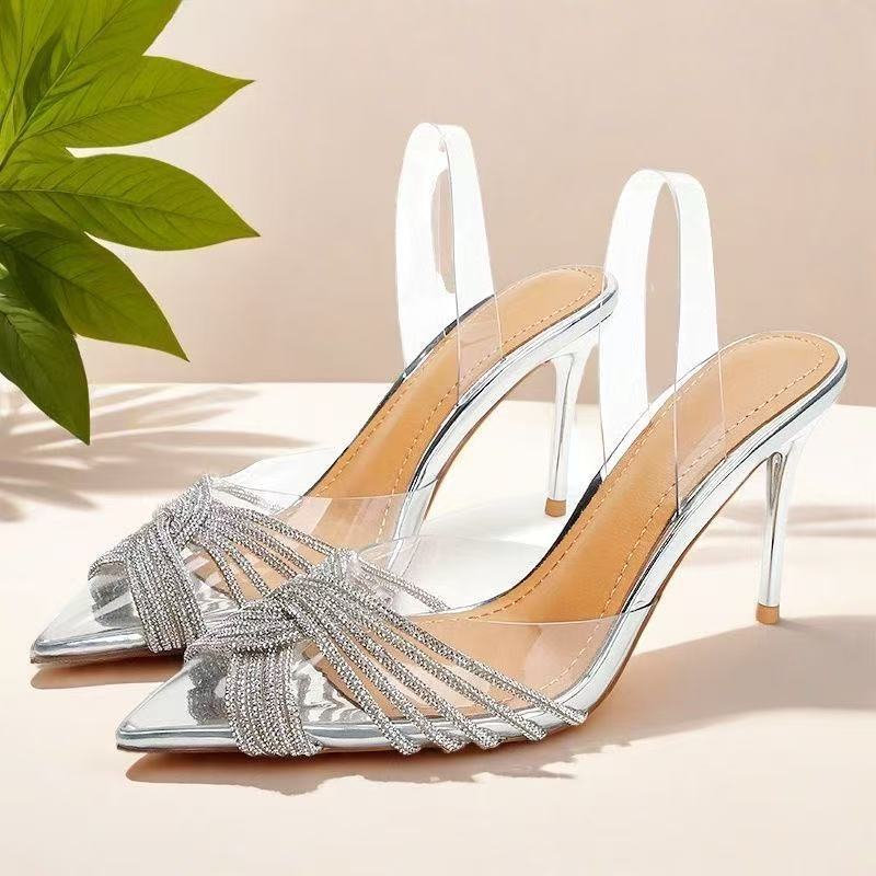Women High Heeled Sandals 2025 Summer New Clear PVC Sandals Luxury Silver Crystal Pumps Sexy Pointed Toe Banquet Shoes for Women