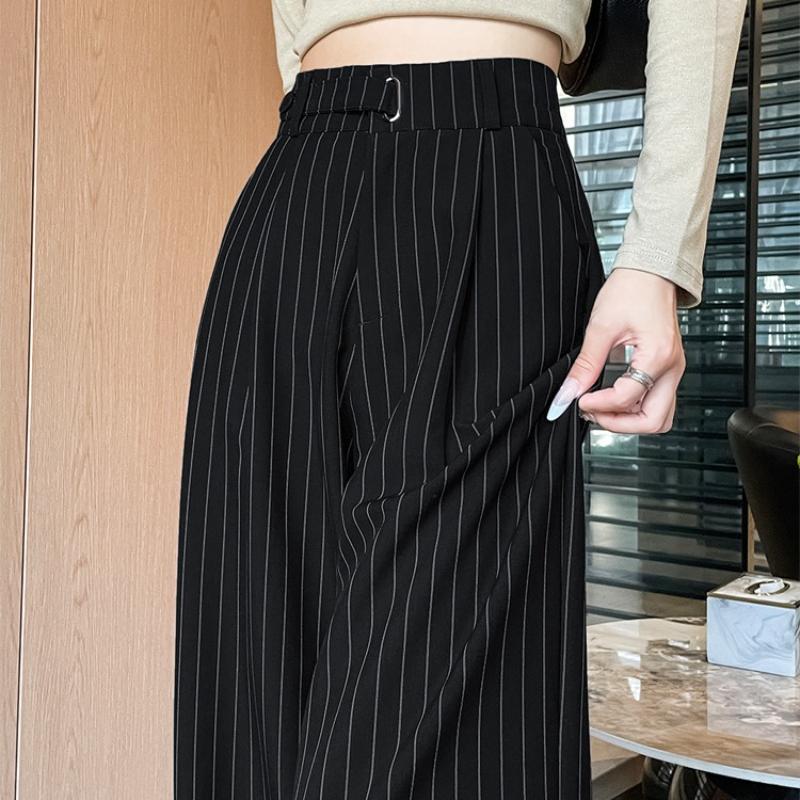 

Spring Autumn Vintage Striped Loose Women s Wide Leg Pant Button High Waist Female Straight Office Full Length Trousers XXS чёрный