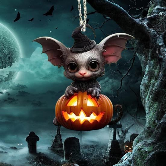 Halloween Decoration Witch Hat Bat Pumpkin Pendant 2D Acrylic Cat Rearview Mirror Charm Festive Atmosphere Enhancer