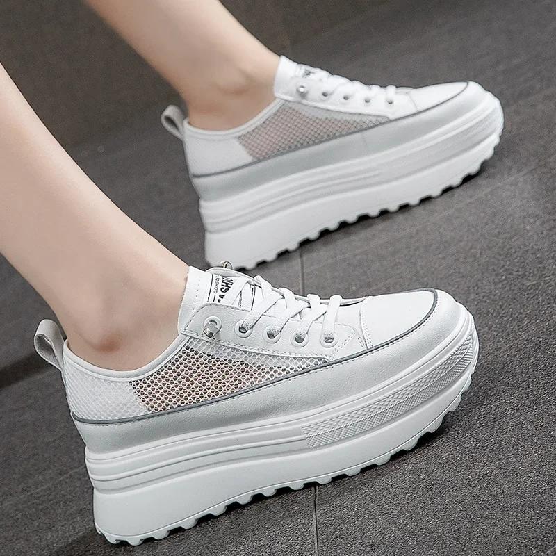 Fashion 5.5CM Genuine Leather Platform Wedge Shoes Chunky Sneaker White Casual Shoes Comfortable Breathable Spring Autumn Shoes