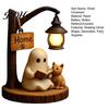 Statua Fantasma che Legge un Libro Statuetta di Halloween, Lampione Stradale Illuminato a LED Statuetta Spettrale in Resina, Decorazione da Tavolo Gatto per Festa di Compleanno Cartone Animato