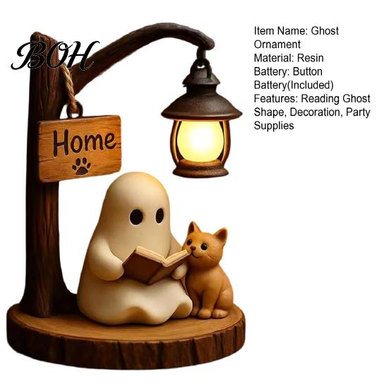Statua Fantasma che Legge un Libro Statuetta di Halloween, Lampione Stradale Illuminato a LED Statuetta Spettrale in Resina, Decorazione da Tavolo Gatto per Festa di Compleanno Cartone Animato