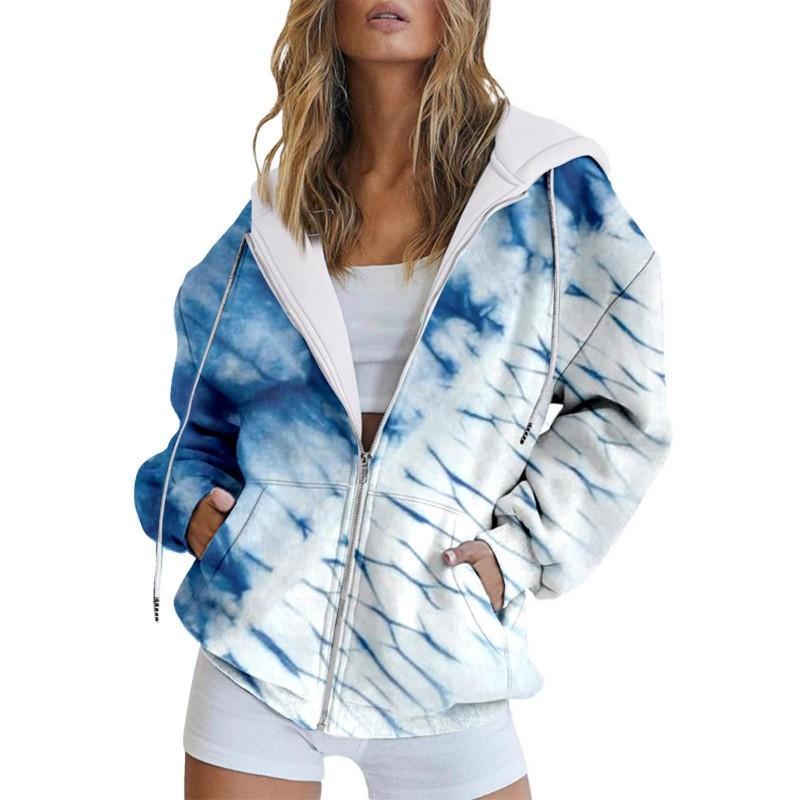 Womens Oversized Hooded Zip-Up Sweatshirt With 3D Digital Print Casual Loose Fit Winter