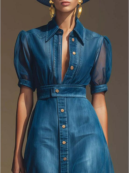 Utsökt V-ringad Kortärmad Jacka & Organza Blå Denim Lång Kjoldräkt