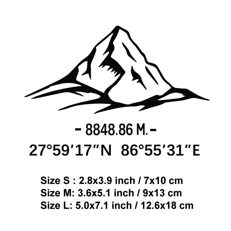Mount Everest Aufkleber, mit seinem Längen- und Breitengrad Aufkleber, kreativ & modebewusst mit hoher Qualität für Autos, Lastwagen, Snowboards & Laptops L black