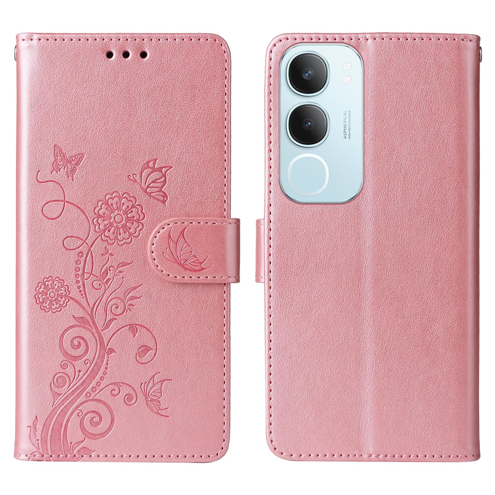 

For vivo Y29 5G/Y19s 4G Leather Case Butterfly Floral Imprint Wallet Stand Cover Pink