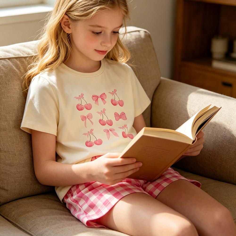 8-12 Years Kids Girls Cherry-print Round-neck Short-sleeve Top and Pink Plaid Shorts Loungewear Set 10Y