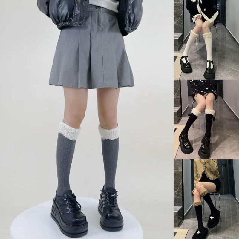 Women Winter Calf Length Boots Socks Japanese Style Cute Faux Lamb Wool Furry Trim Pompom Bowknot Stockings Leg Warmer