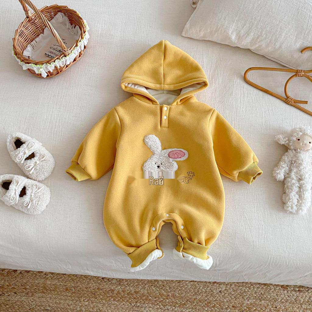 Winter 2025 Baby Fleece Cartoon Romper - Cute Embroidered Rabbit Newborn Jumpsuit
