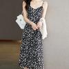 New Summer Suspender Floral Chiffon Thin Black Dress with Light Mature Style Drooping Skirt for Women