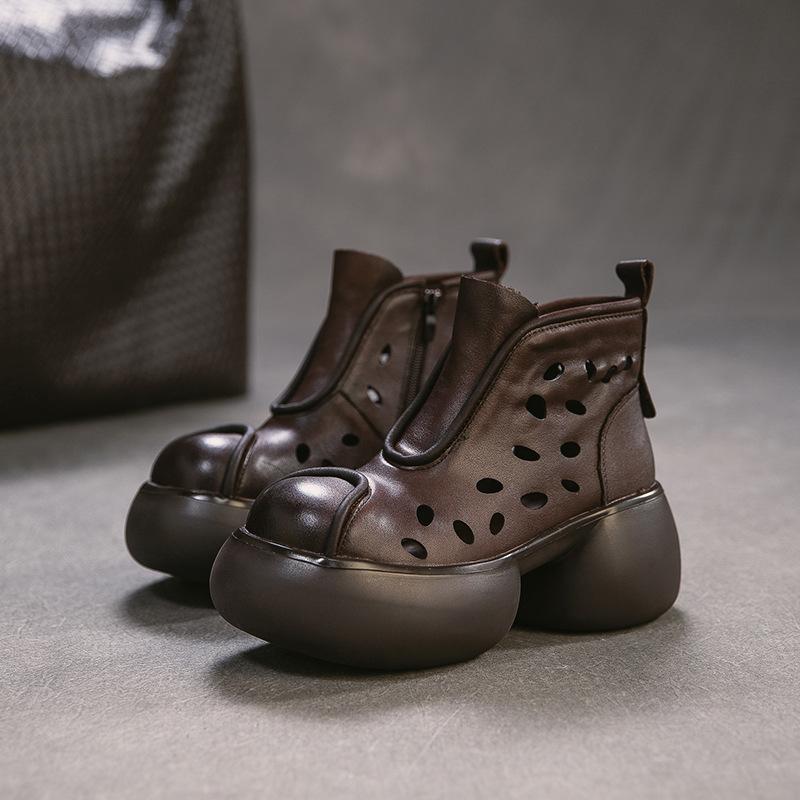 

Johnature Genuine Leather Round Toe Hollow-out Thick Soled Boots Retro High Heels Women s Platform Shoes 40 кавовий