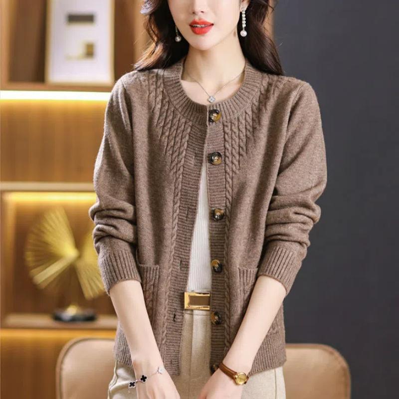 Sweater Cardigan for Women Autumn and Winter New Round Neck Mother Loose Knitted Sweater Versatile Fashionable Top Jacket