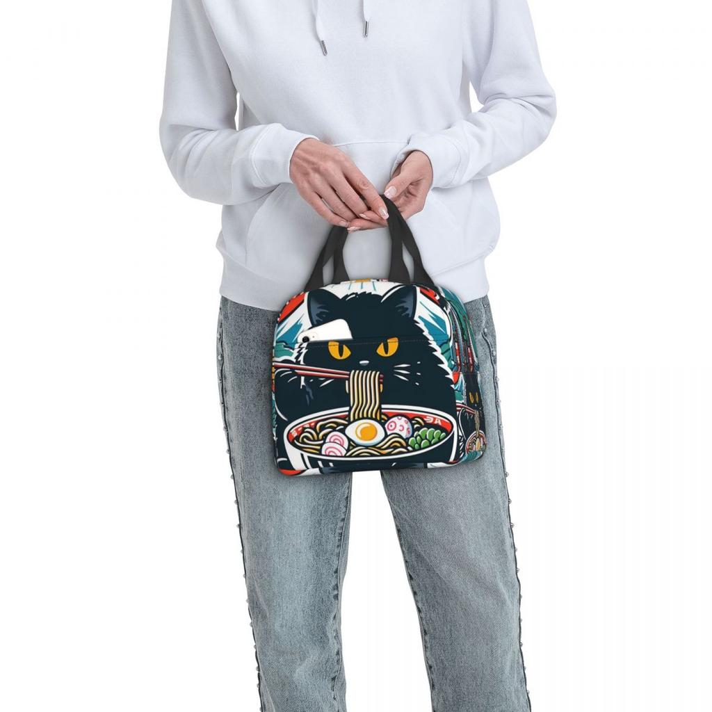 An Adorable Cat Relishing A Bowl Of Ramen Insulated Lunch Bag for Women Children Portable Food Boxes Thermal Lunch Box Tote
