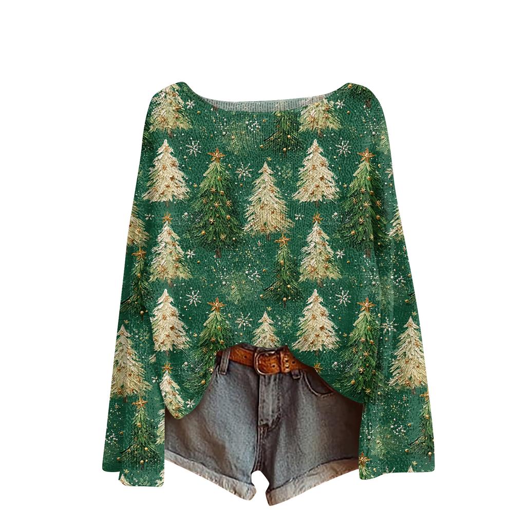 Women's Fashion Round Neck Long Sleeve Christmas Print Casual Pullover Sweater Top