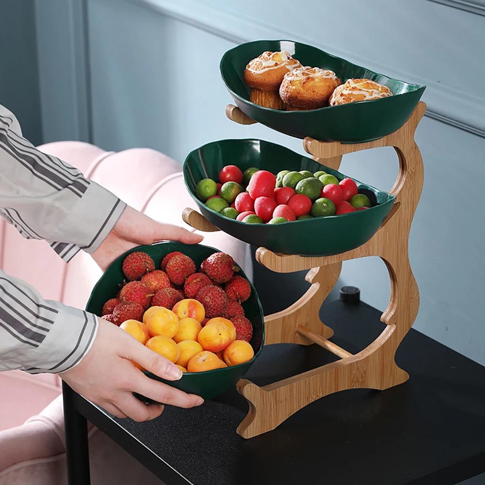 Kunststoff Obstteller mit Holzhalter Oval Servierschalen für Party Essen Server Präsentationsständer Obst Süßigkeitenschale Regale