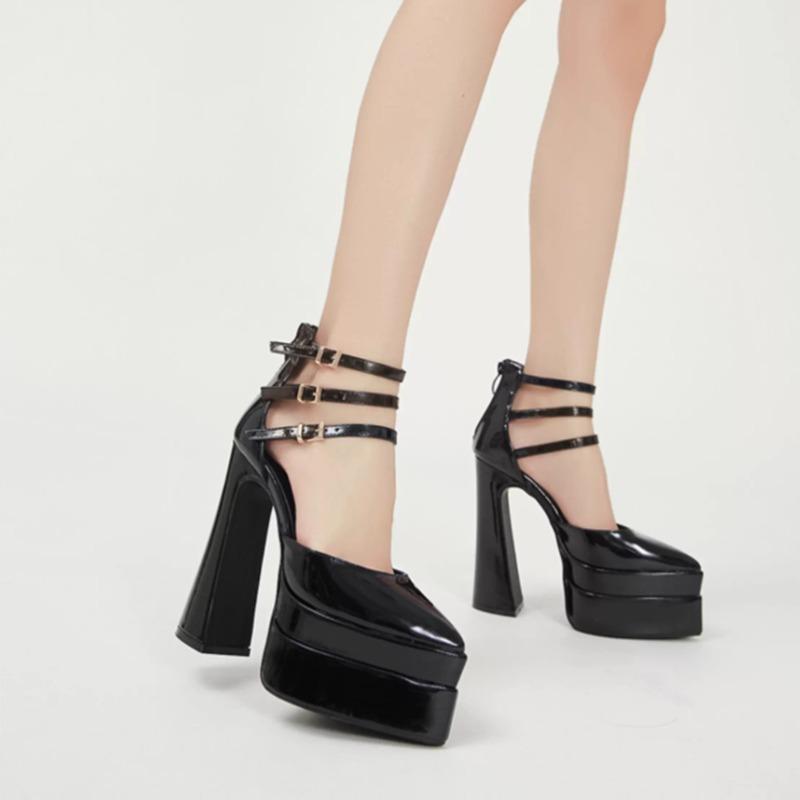 Pointed Toe Patent Leather Buckle Strap Block Heel Single Platform Super High Heel Women's Shoes