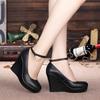 Crystal Queen High Heels Platform Wedge Female Pumps Women's Flock Buckle Bowtie Ankle Strap Wedding Shoes Round Black 8cm 10cm