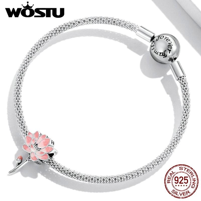 WOSTU Genuíno 925 prata esterlina fresco lótus charme caber cobra pulseira ou pulseira elegante flor contas fazendo jóias