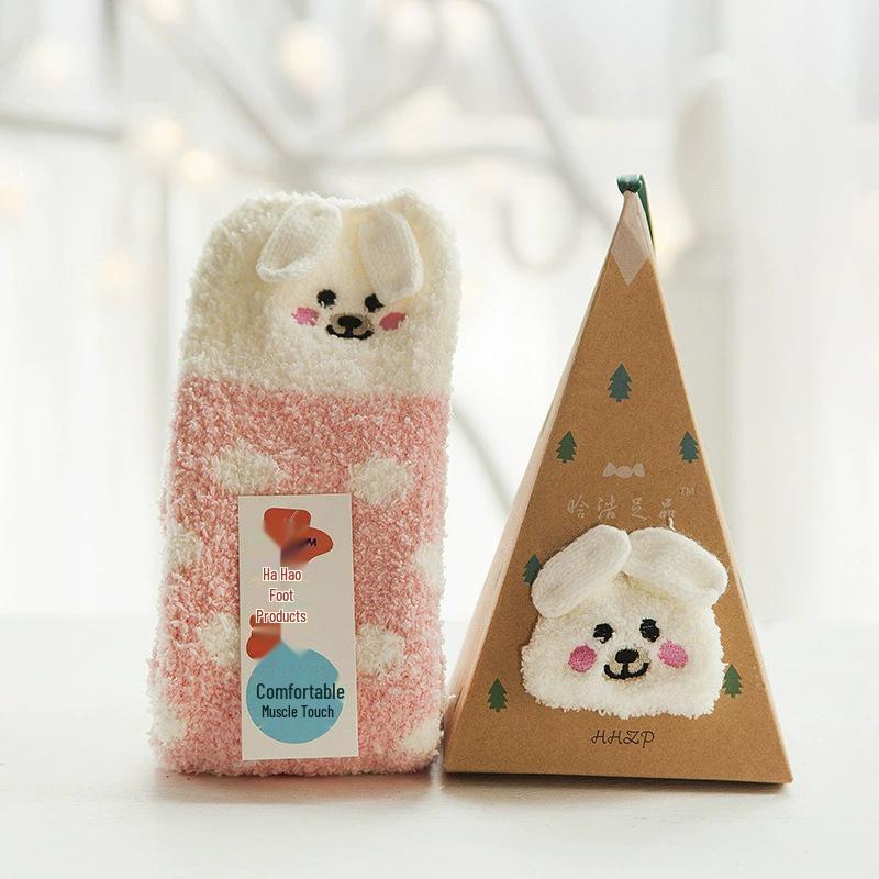 Japanese Christmas Cartoon Socks: Cozy Coral Fleece with 3D Embroidery for Women