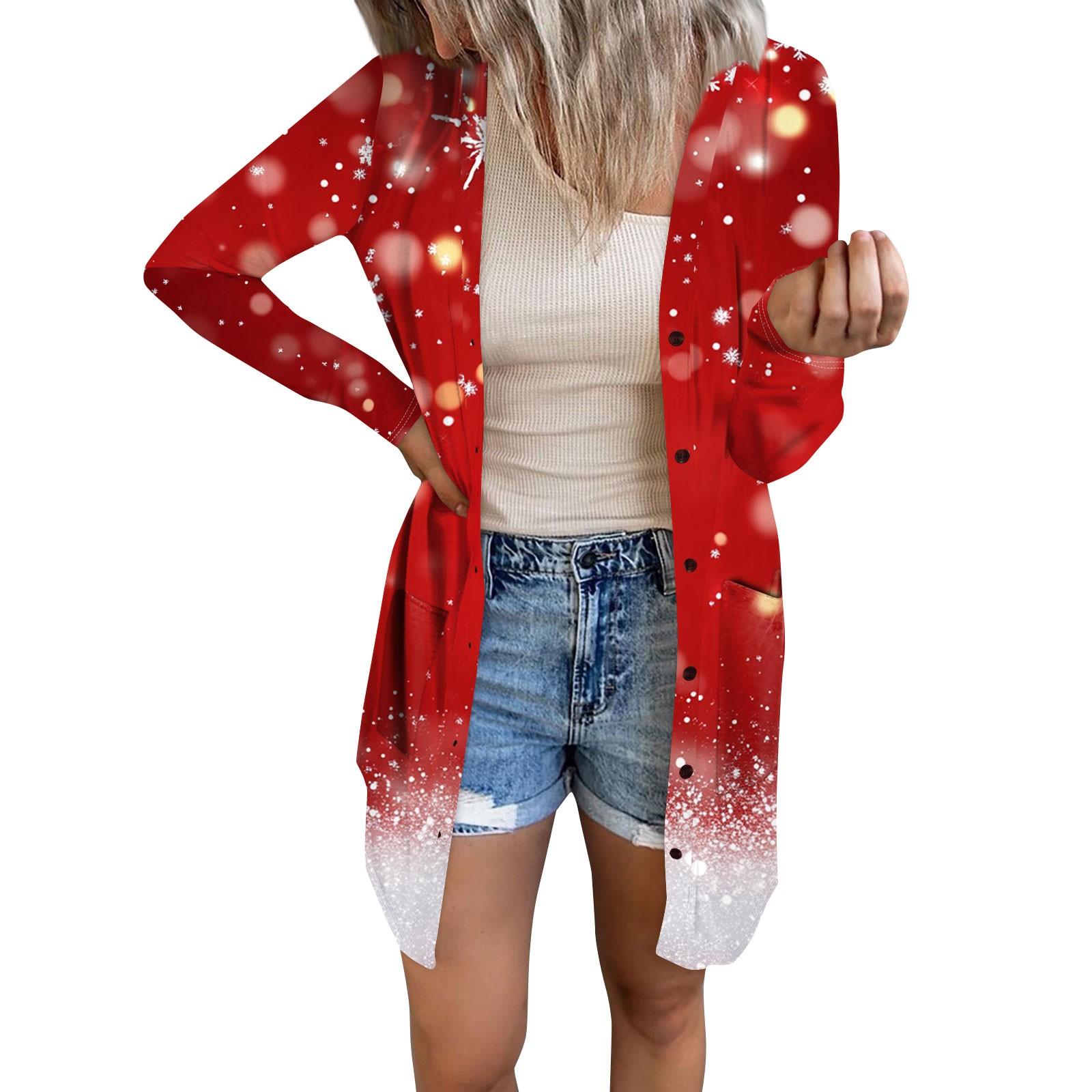 

Женский повседневный кардиган с длинным рукавом и рождественским принтом с карманами XXXXL киноварь