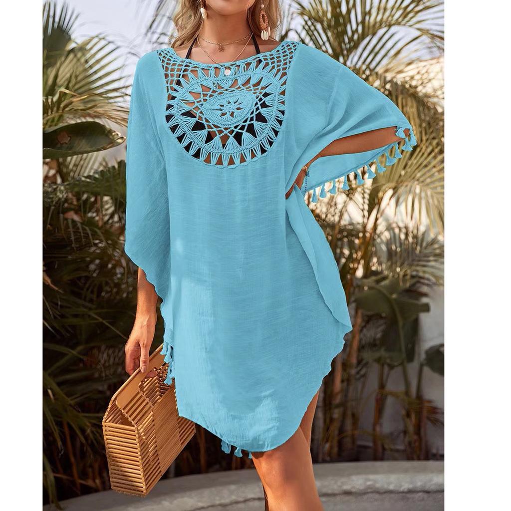 Women's Loose Fitting Casual Vacation Short Sleeved Patchwork Fashion Tassel Beach Bikini Cover Up