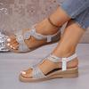 Fashion Bohemian Wedge Sandals for Women Summer 2025 Fashion Rhinestone Decor Walking Sandals Woman Comfort Non Slip Outdoor Beach Shoes