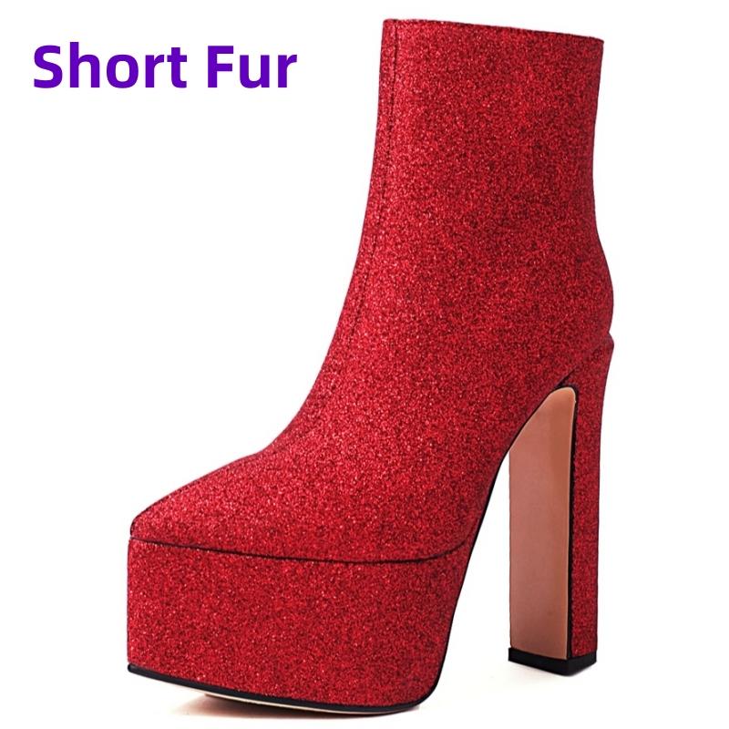 

Роскошные женские ботильоны 2024 года, зимние сексуальные короткие ботинки на высоком каблуке, платформа, золотисто-серебристо-красные туфли для танцевальной вечеринки для девочек, большой размер 34 красный
