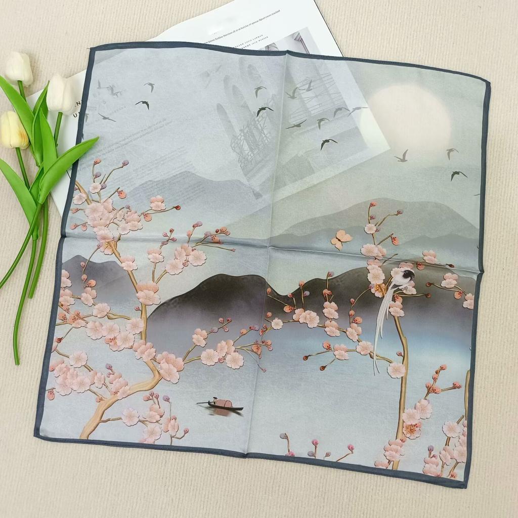 100% Pure Silk Scarf Women Neck Hair Band Foulard Square Small Headband  Fashion Print Neckerchief Scarves Bandana 53*53cm