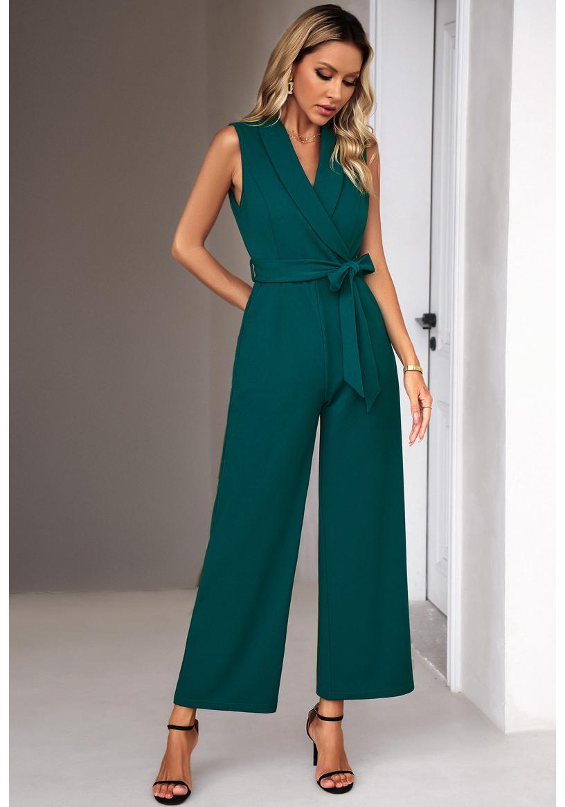 Elegant European Sleeveless V-Neck Waist-Cinching Solid Color Jumpsuit L