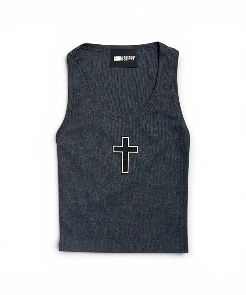 Bonseullipi Gothic Cross Rib Crop Tank (Charcoal)
