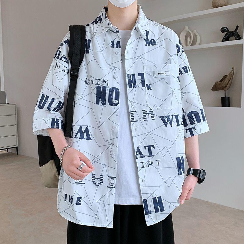 

Stylish Letter Printed Loose Shirts Men s Clothing Polo-Neck Button Summer Casual Short Sleeve Vintage Pockets Spliced Shirts S белый