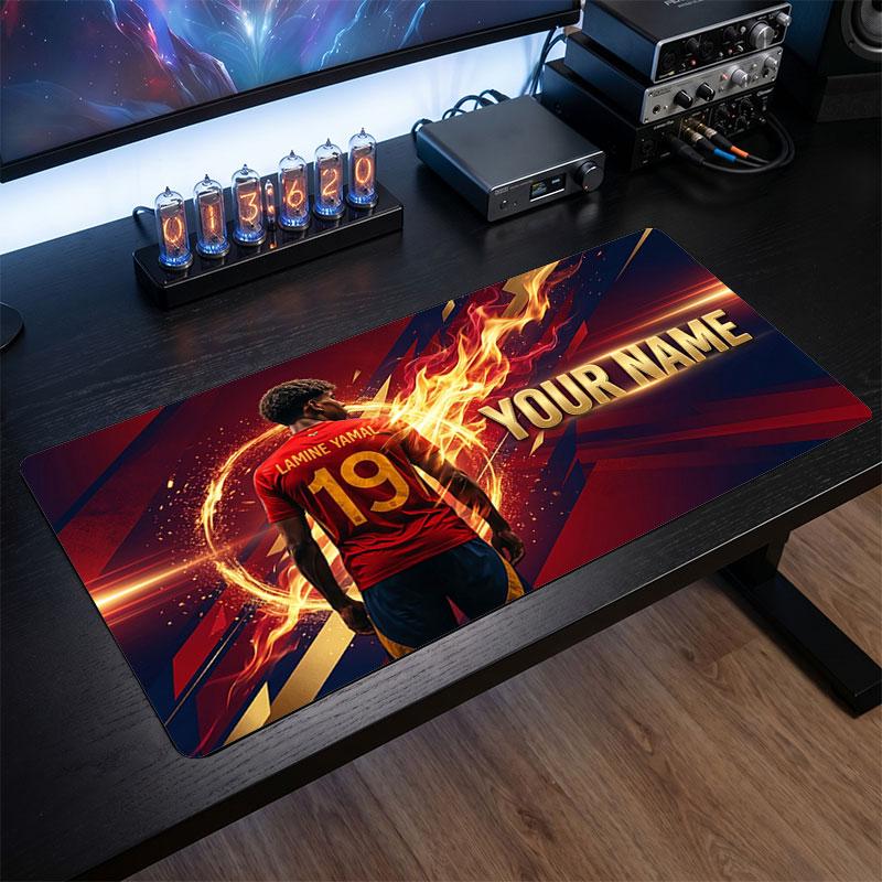 Tappetino per Mouse Grande Personalizzato Lamine Yamal, Stampa Testo Nome Personalizzato, Tappetino da Scrivania Antiscivolo con Logo Calcio, Regalo per Gamer