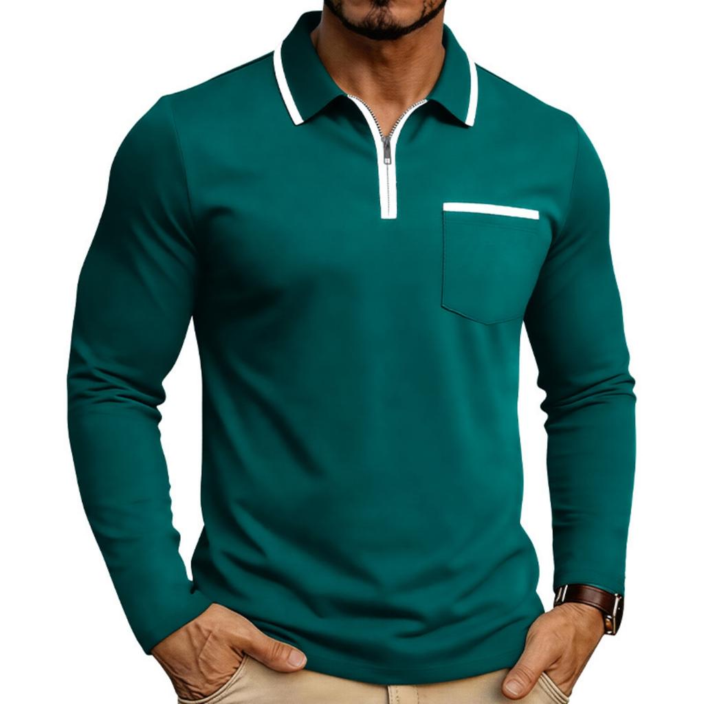 Men Long Sleeve Polo Shirt Zipper Collar Casual Slim Fit Top with Patch Pocket and Contrast Trim for Daily Wear