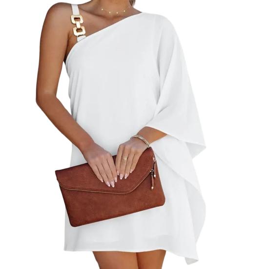 

Металлическая пуговица, ремешок, принт листьев, свободное женское платье, сексуальный диагональный вырез, на одно плечо, рукав «летучая мышь», платье для вечеринки L белый