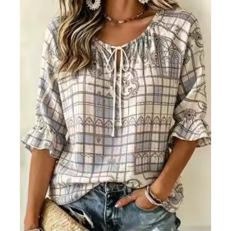 Women's Tie Keyhole Neck Blouse, Khaki Vintage Brown Scroll Floral Allover Print, for Spring Summer Daily Outfits