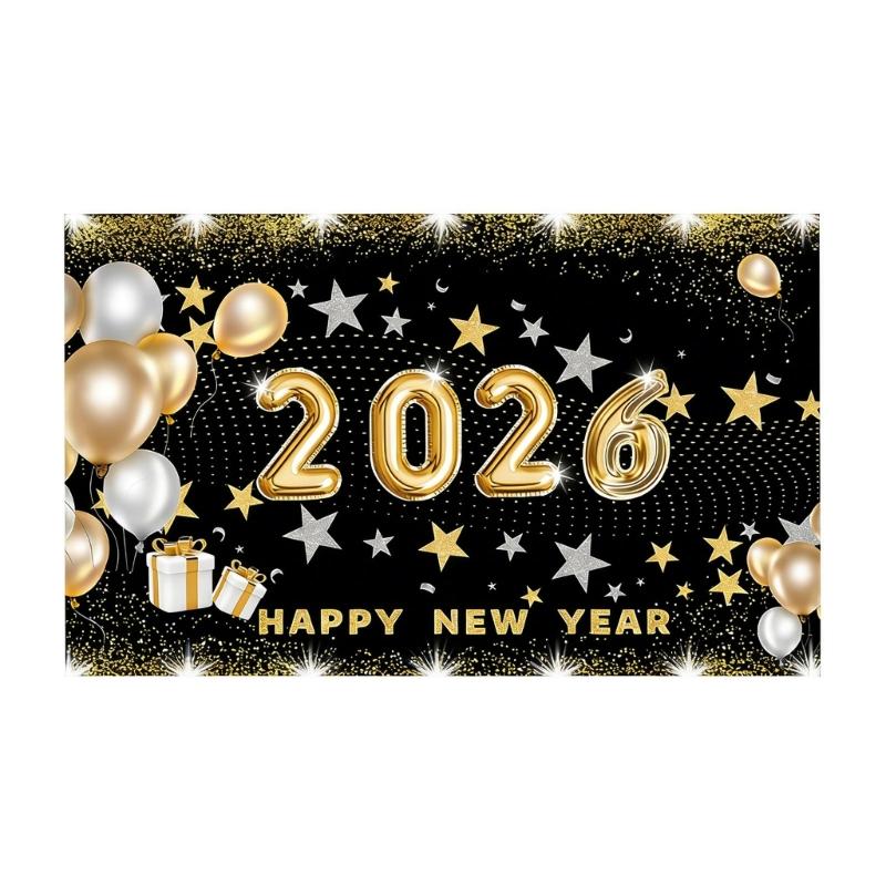 Happy New Year 2026 Banners With Balloon Pattern Decoration For Outdoor Indoor Festives Event Photoshoot Backdrop Favor