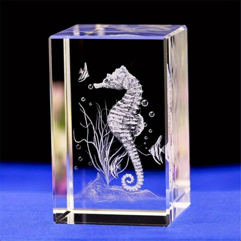 Crystal Glass Seahorse Statue Model3D Laser Etched Crystal Seahorse Figurine Art Animal Crystal Glass Cube Engraving Seahorse Ornaments Gifts